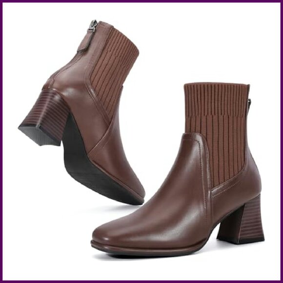 Women's Square Toe Chelsea Boots Low Block Heel Back Zipper Mid Calf Booties - Picture 2 of 8